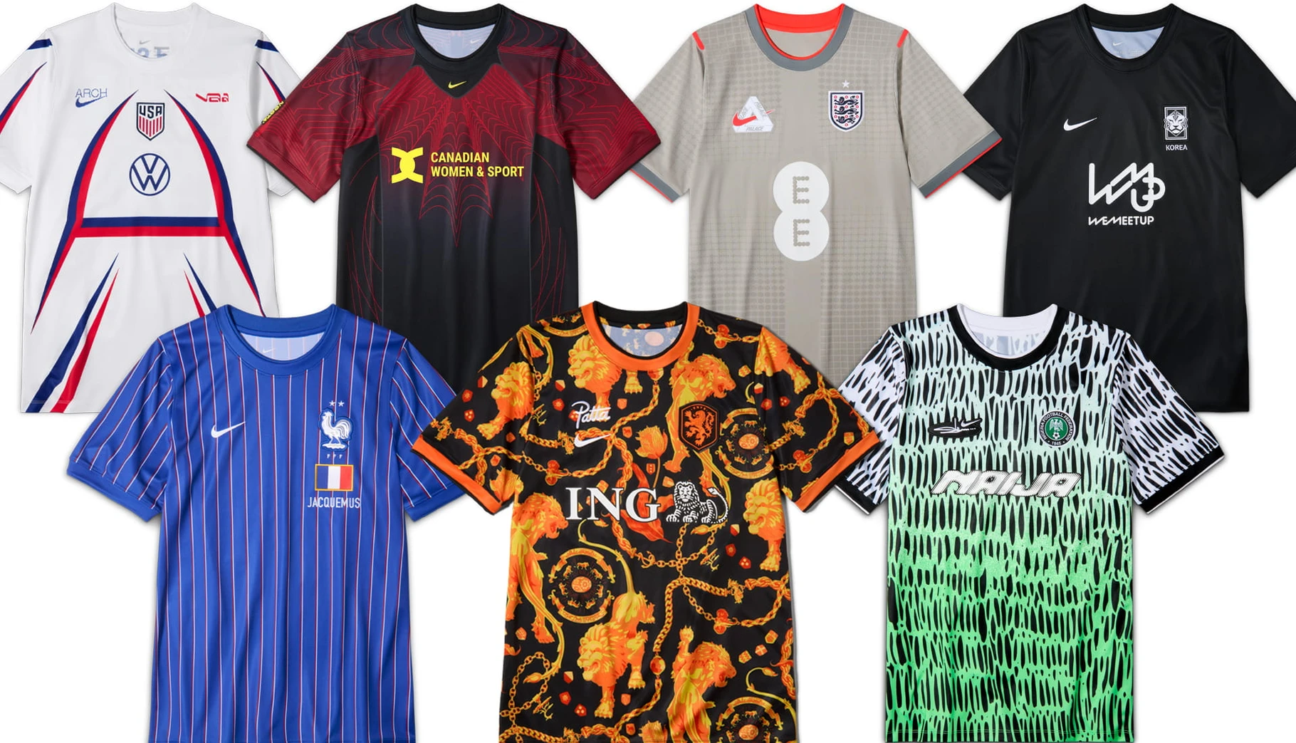 All seven Nike X2 pre-match jerseys laid out together, the orange Patta Netherlands shirt with lions and chains at the center
