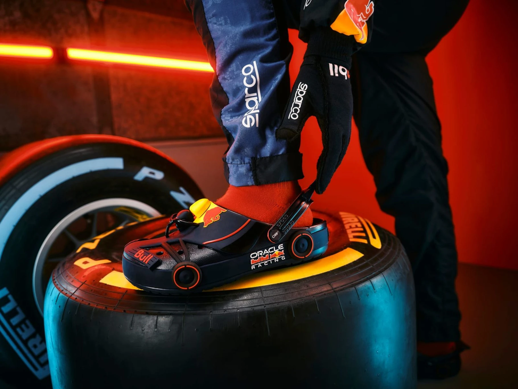 Oracle Red Bull Racing x Crocs Crocband Clog collaboration product image showing F1 engineering details