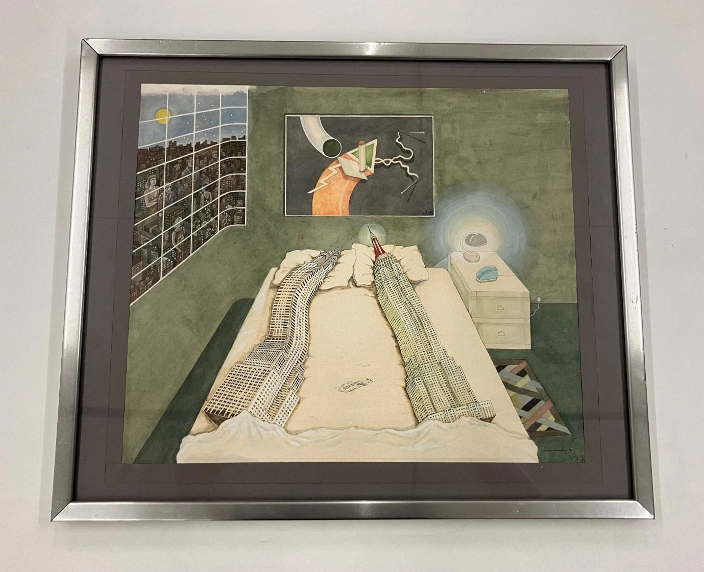 Madelon Vriesendorp's framed drawing Apres l'Amour, the Empire State and Chrysler buildings in bed, photographed in the Rijksmuseum depot