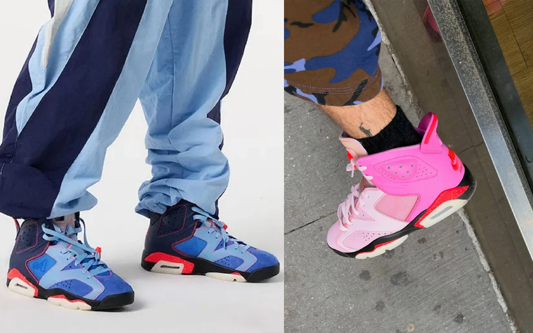 Awake NY Air Jordan 6 pack worn on foot, Midnight Navy pair beside the Playful Pink colorway