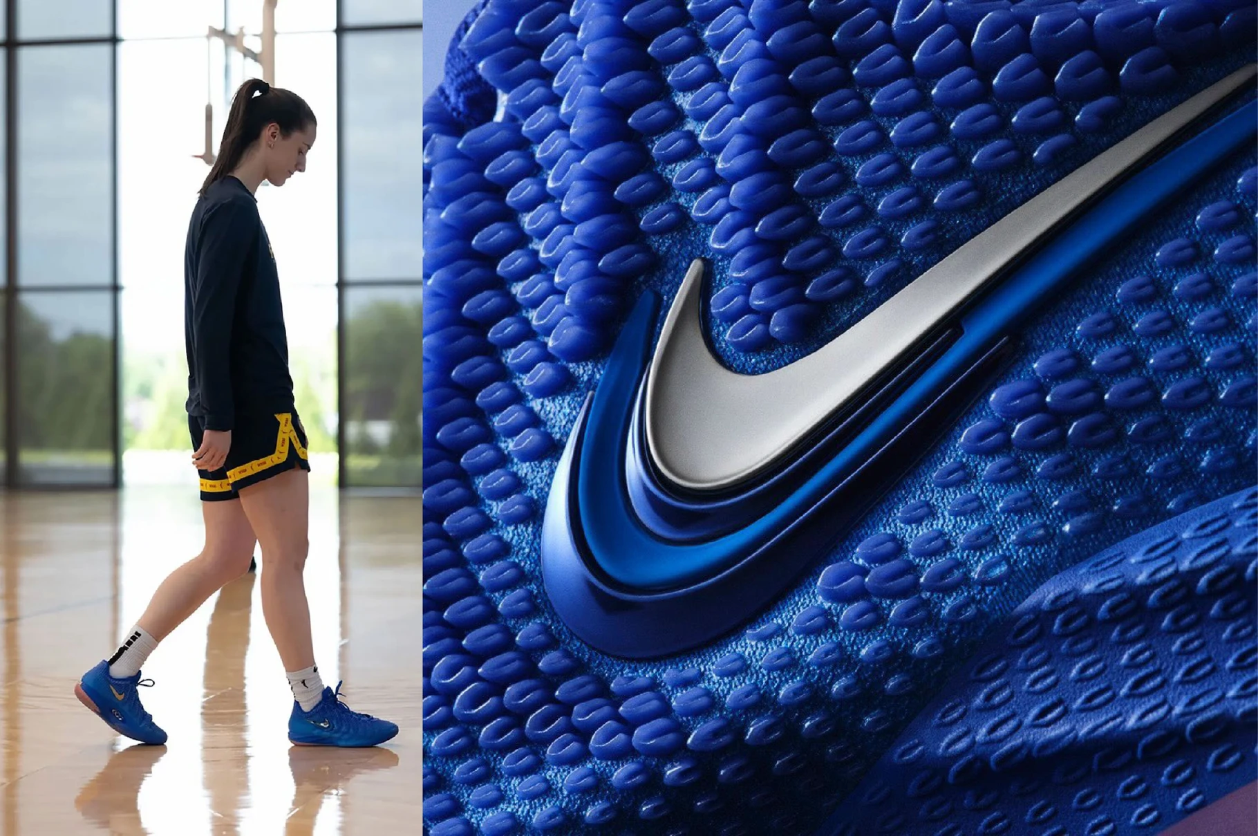 Caitlin Clark walks a practice court in the Racer Blue Nike Caitlin 1, next to a close-up of the shoe's textured Opticast upper and stacked Swooshes
