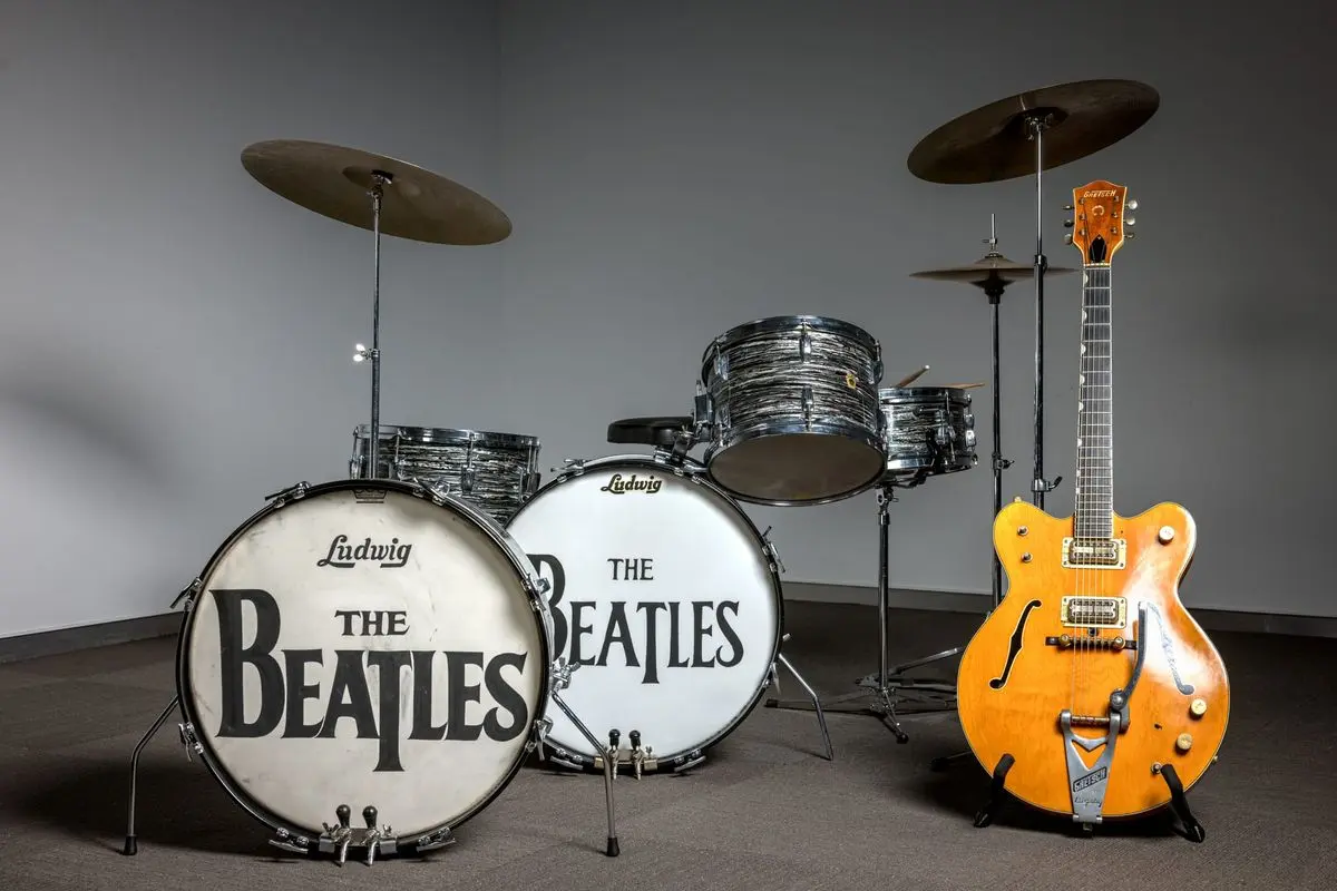 Ringo Starr's drum kits displayed alongside Lennon-era Gretsch guitars at Christie's March 2026 sale