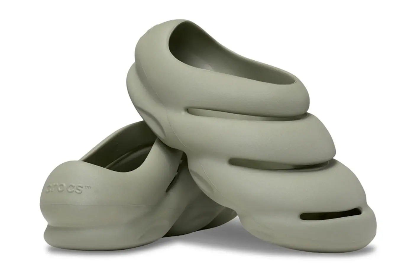 Crocs ROY slip-on in Elephant colorway, three-quarter front view showing single-shot Mellow foam construction
