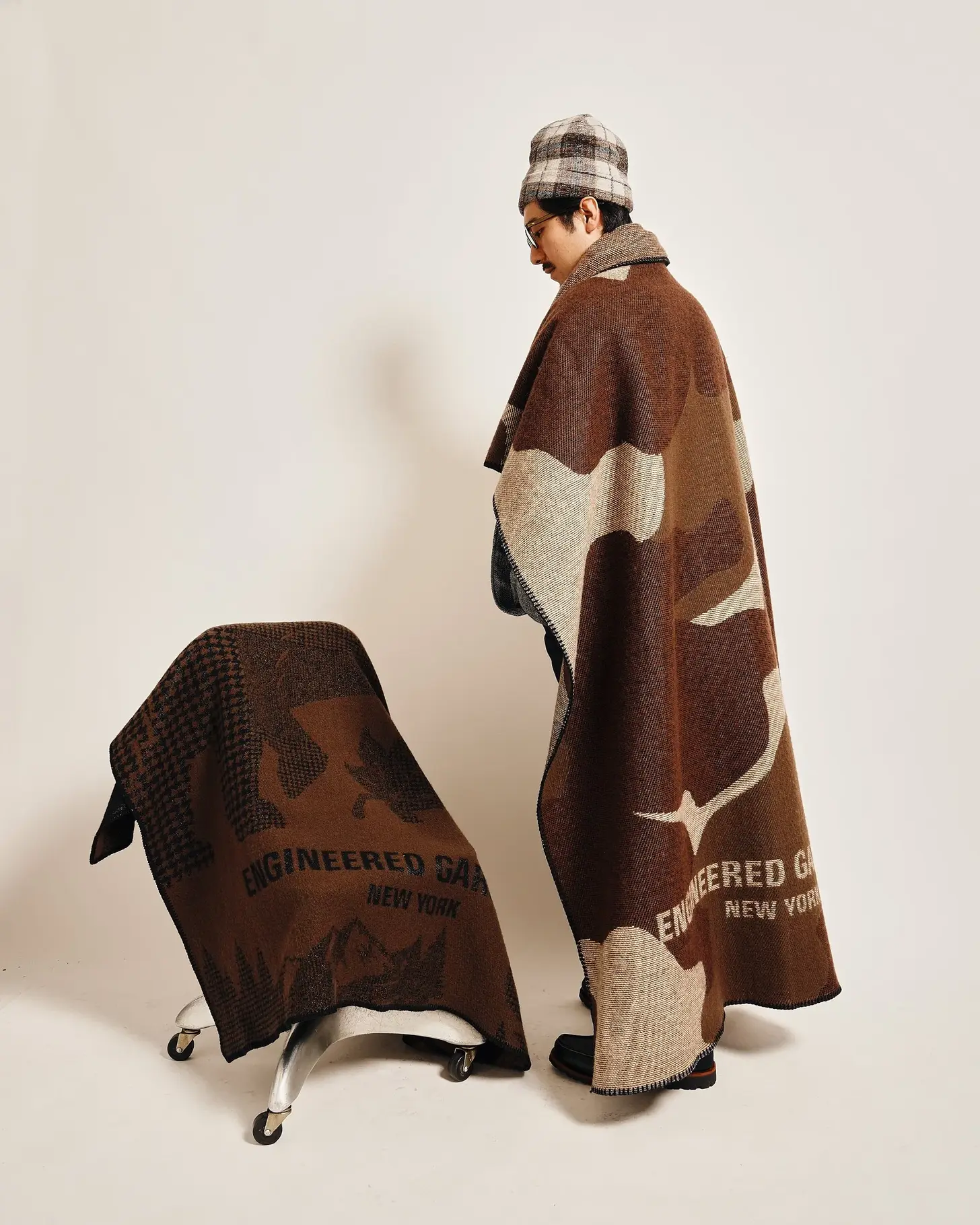 Faribault Mill wool throw blanket in a hunting-inspired pattern, part of the Engineered Garments FW26 collaboration