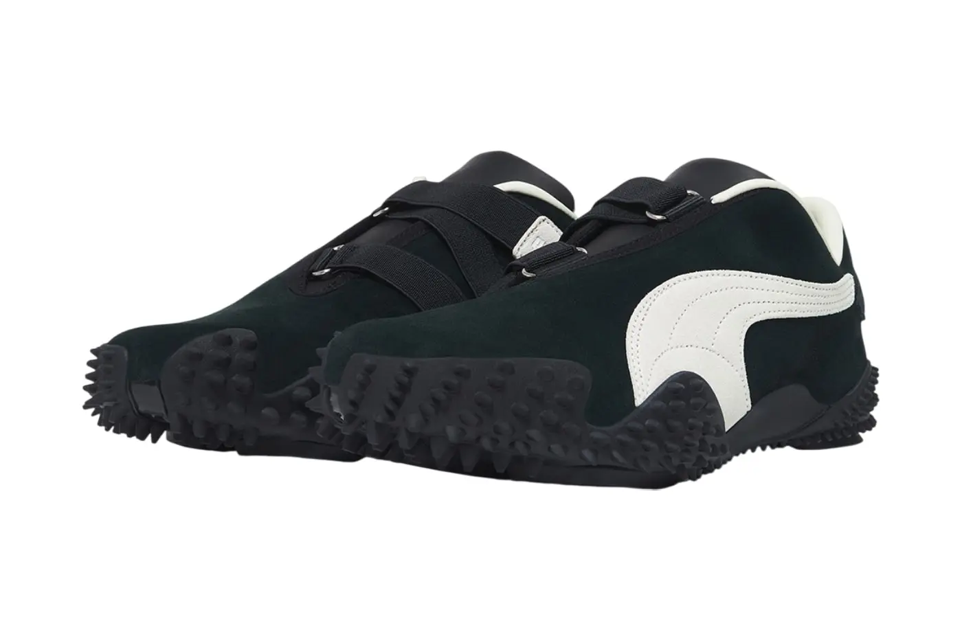 JJJJound PUMA Mostro in black and white colorway, showing leather and nubuck upper with signature lacing cage