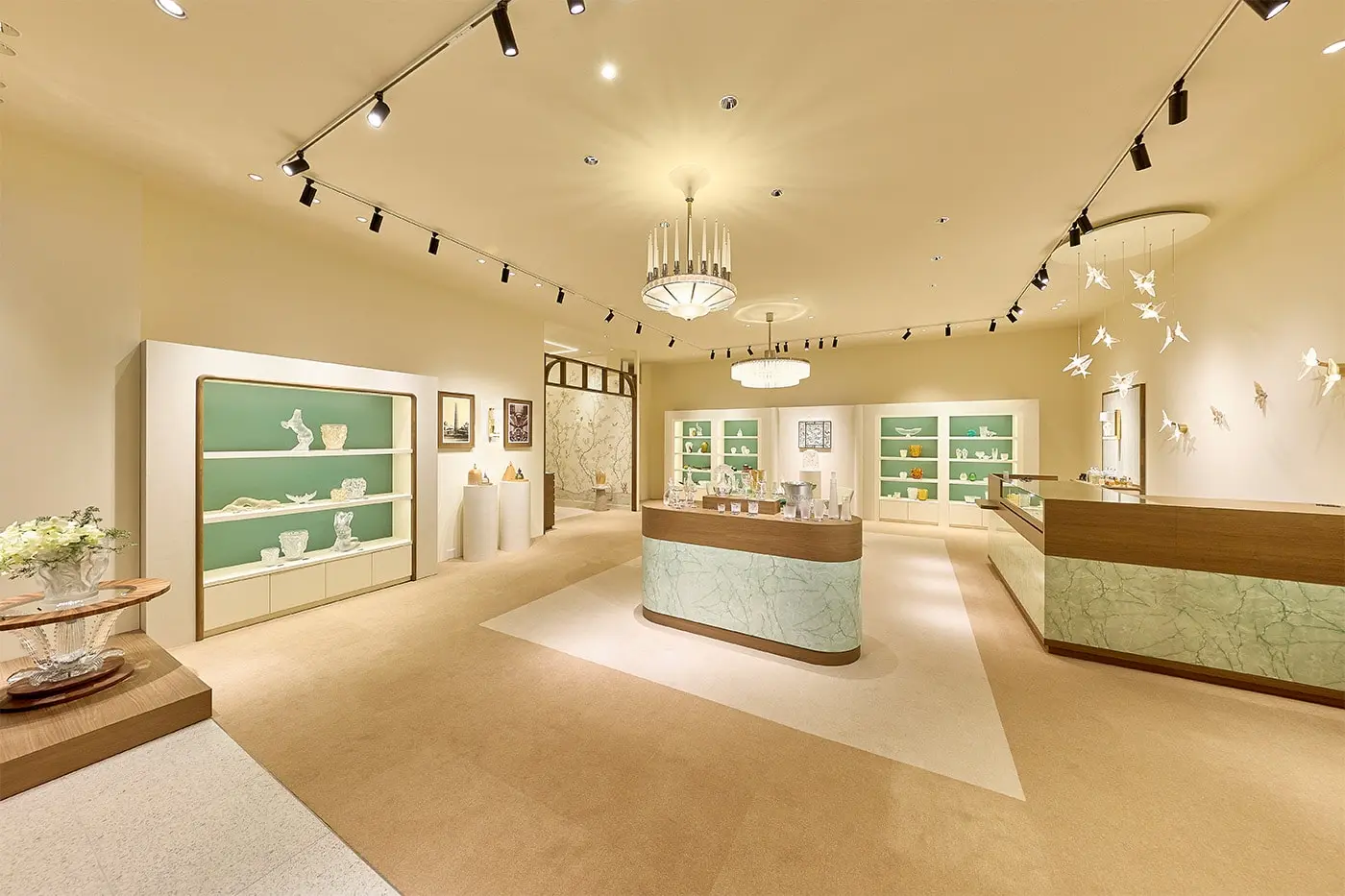 Detail of integrated crystal wall panels at Lalique Osaka boutique