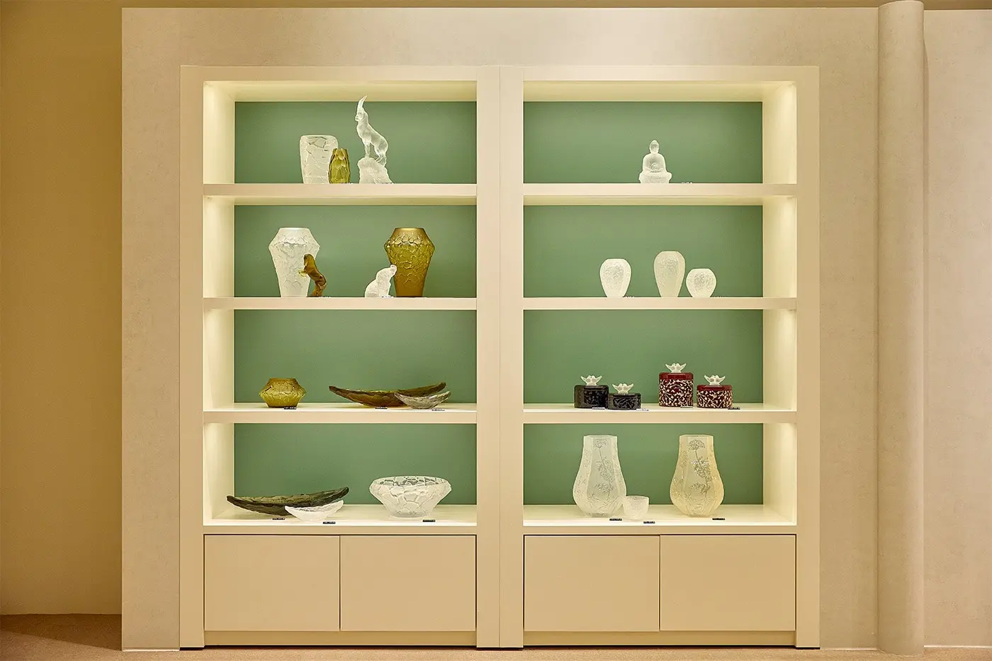 Full interior view showing customer journey from entrance through Lalique Osaka boutique