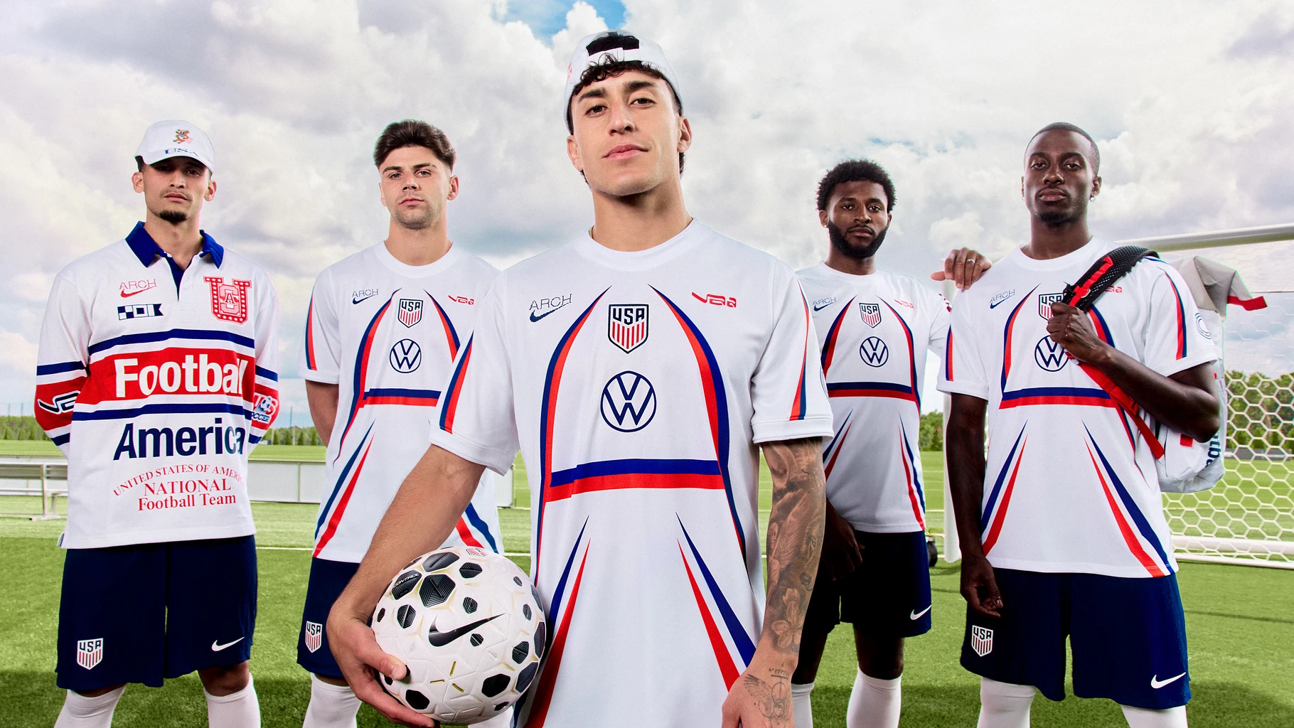 Five USMNT players on a training pitch wearing the Virgil Abloh Archive X2 collection, one in the Football America rugby pullover