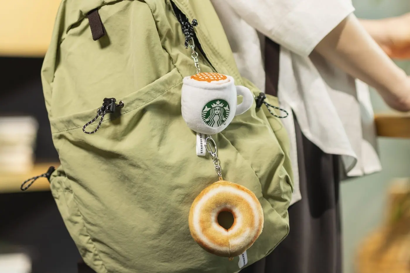 Starbucks Japan Joyful Capsule plush charms shaped like Frappuccino cups with green siren logos, displayed as blind-box collectibles