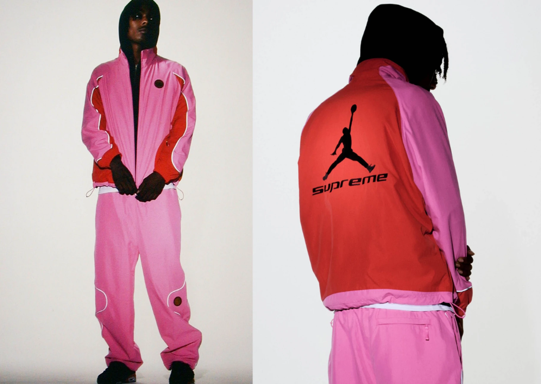 Supreme x Jordan Spring 2026 pink and red track suit worn front and back with Jumpman graphic