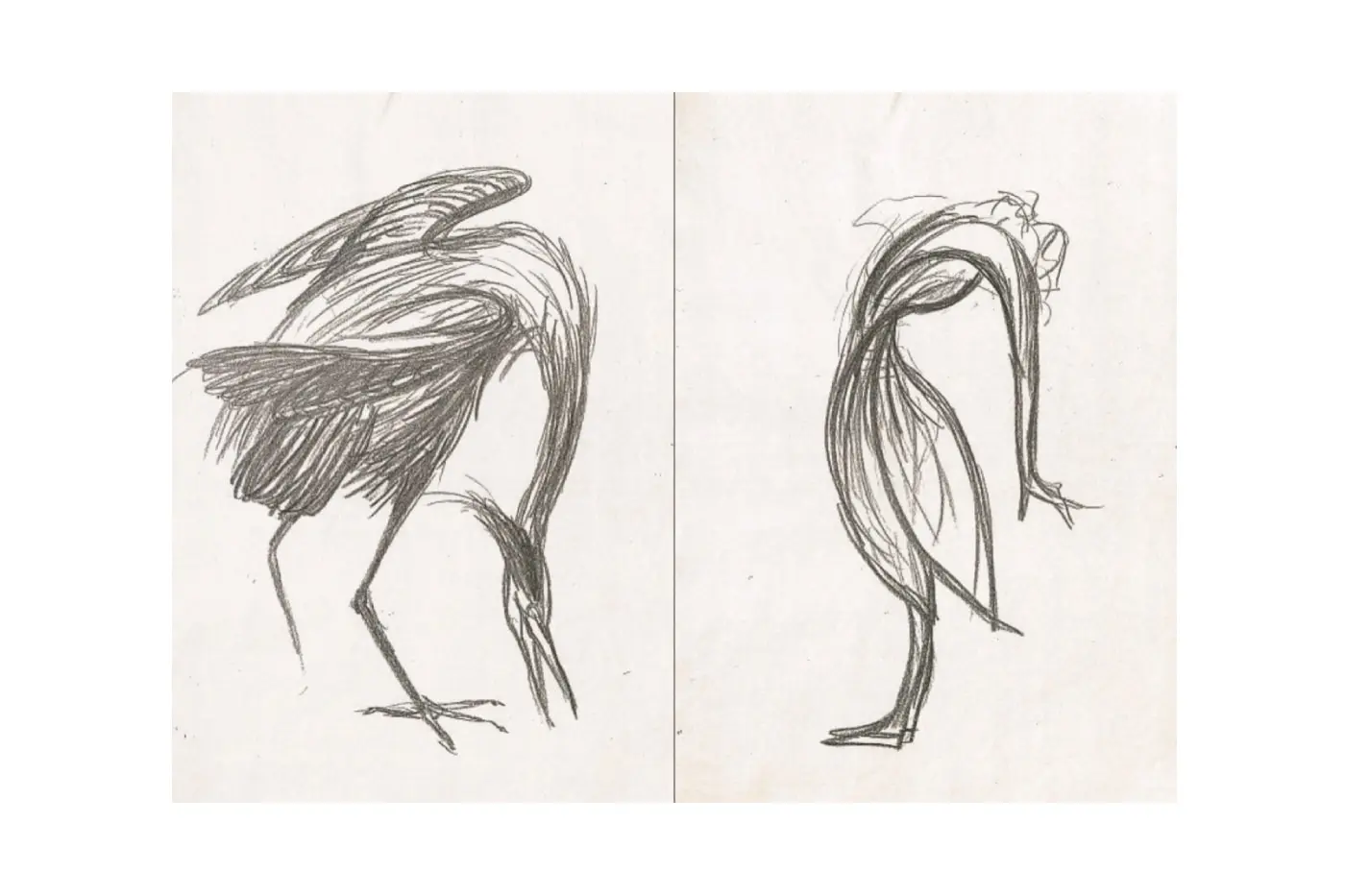 Interior spread from Yohji Yamamoto Drawings showing ink figure study on rough paper stock