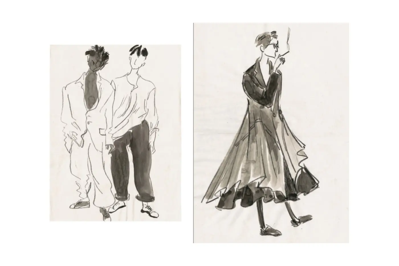 Sketch from Yohji Yamamoto Drawings depicting draped silhouette in black ink