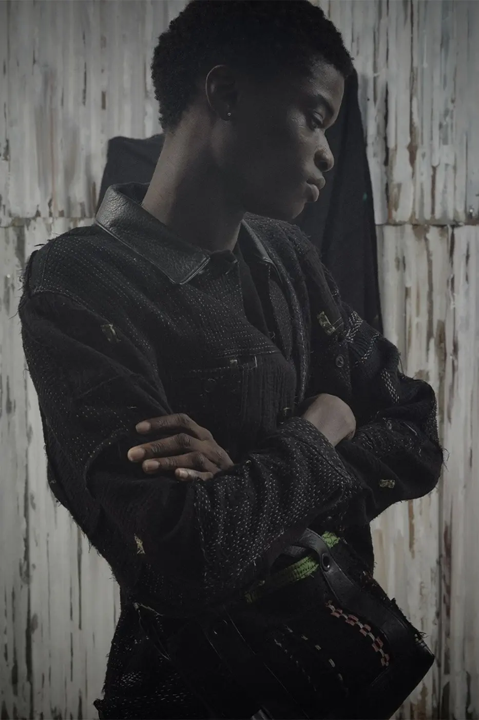Detail shot of kantha stitching on black fabric from the Y's x FAF capsule